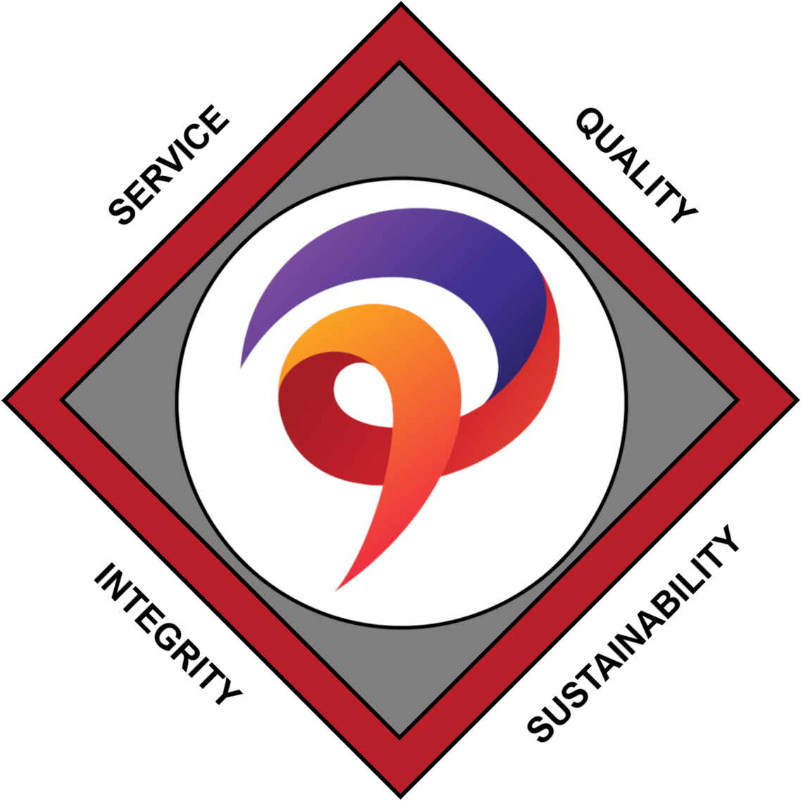 Original Pasco Ready Mix diamond emblem with the four core values: Service, Quality, Integrity, and Sustainability
