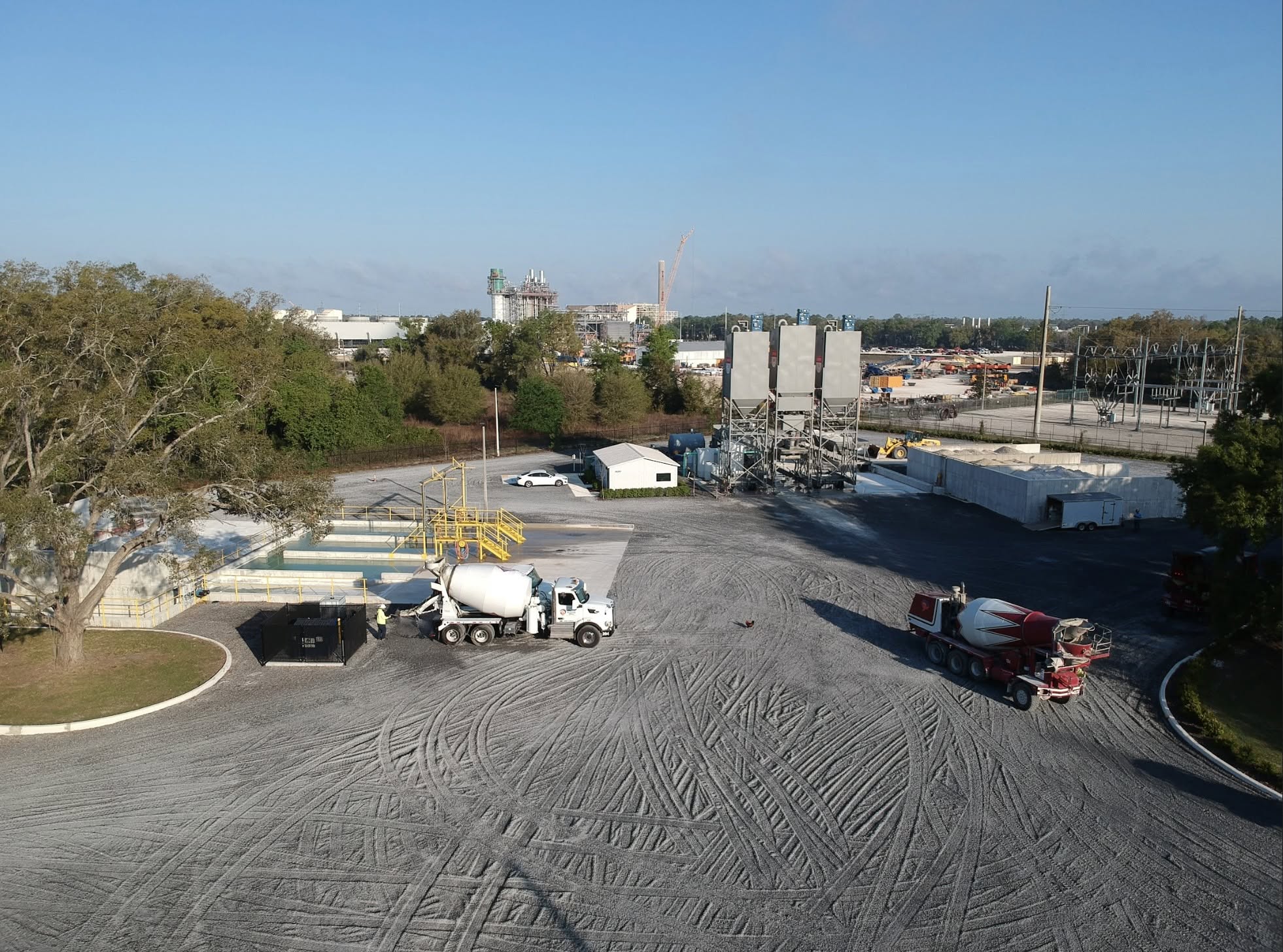 Wide aerial view of Spring Hill plant with ready-mix trucks